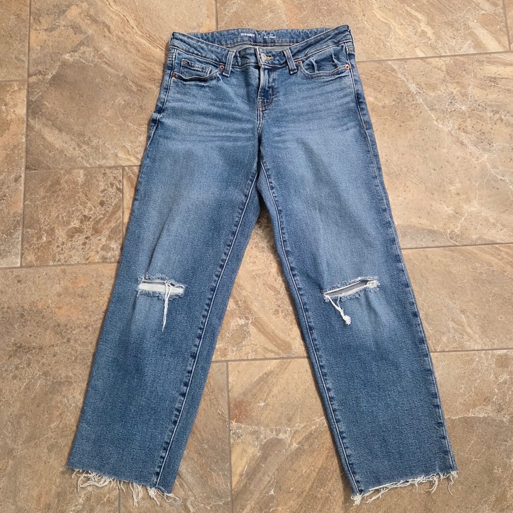 Old Navy OG Loose Low Rise Distressed Straight Leg Jeans Blue Denim Size 6